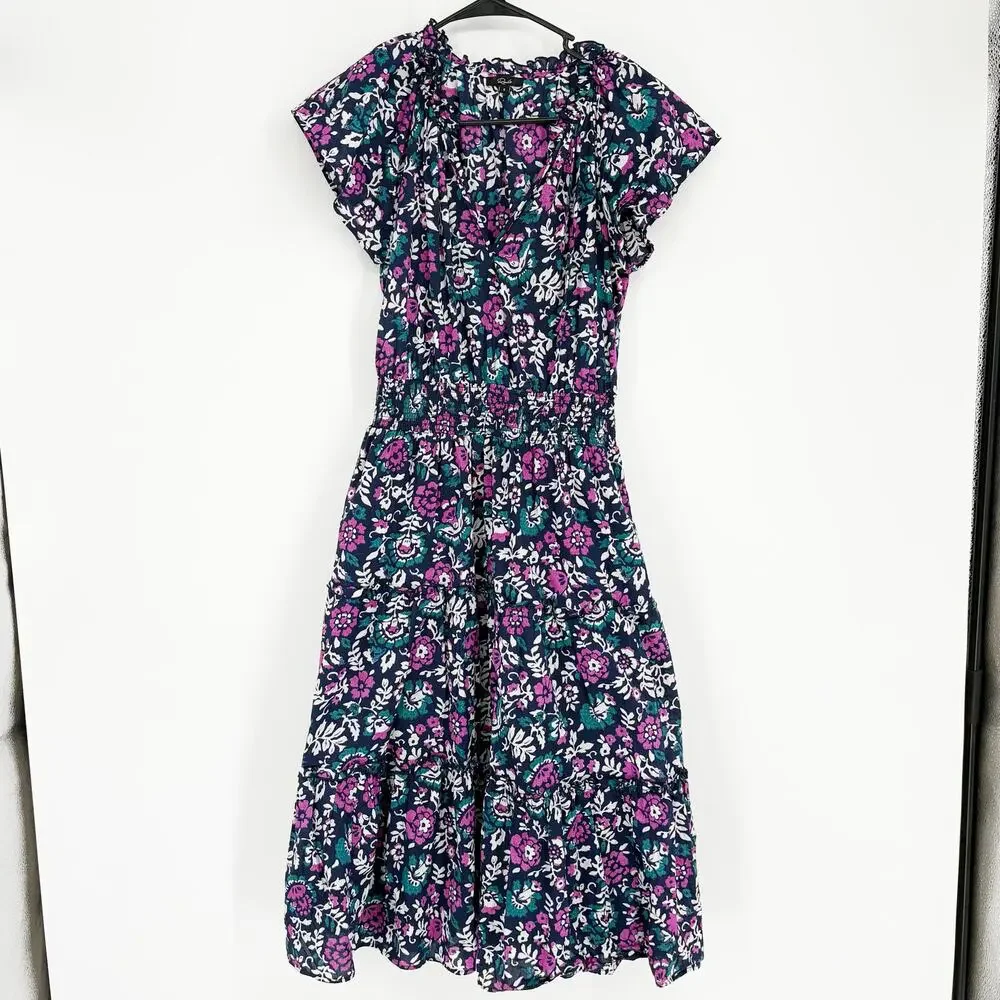 Rails Amellia Woodblock Floral Dress Size Small‎ MIDI Tiered Prairie Milk Maid